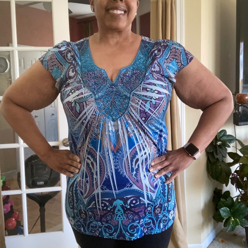 Live and Let Live Embellished Print Tunic Top, size L
